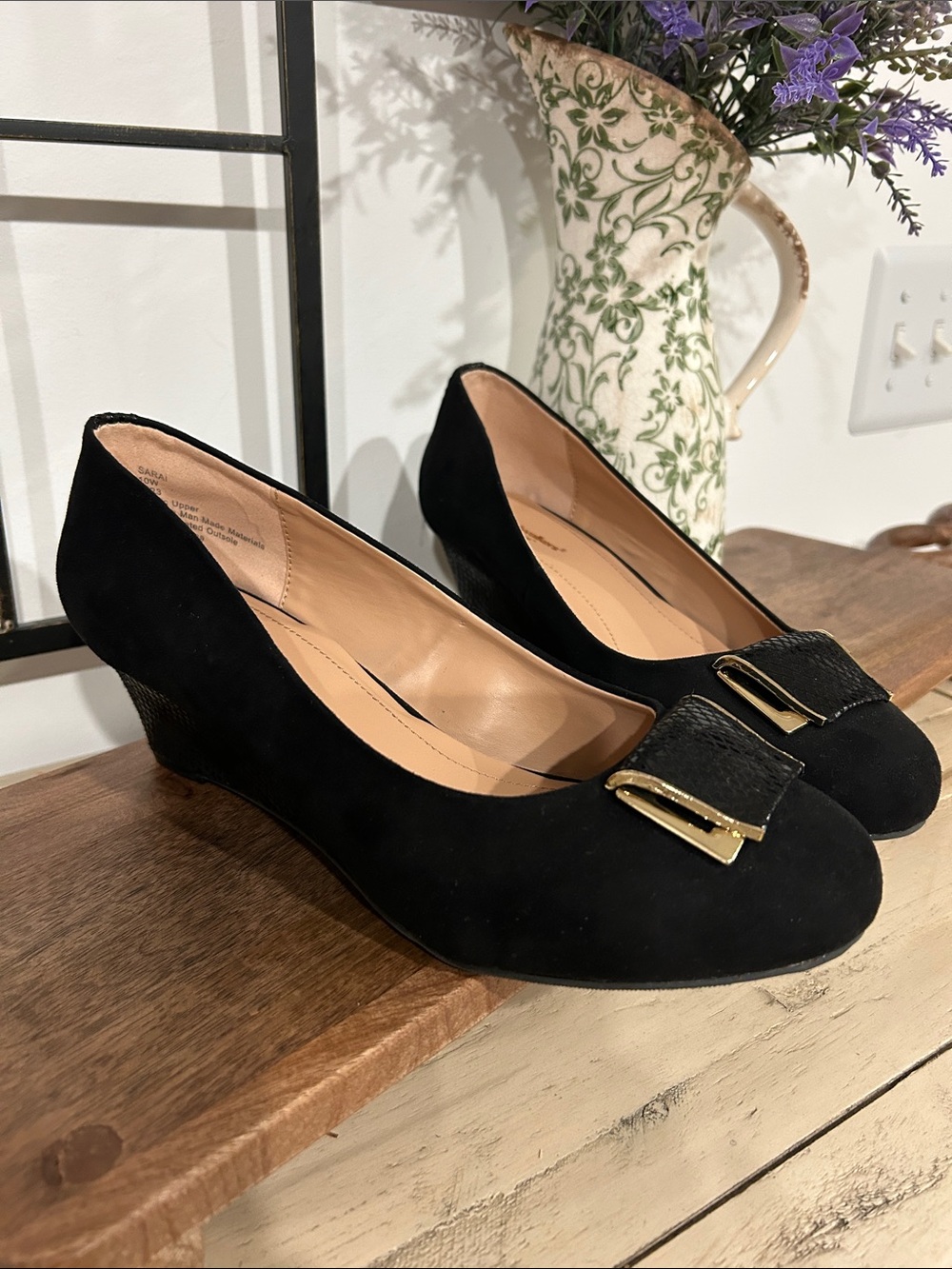 cloudwalkers Black Suede Wedge Pumps with Gold Buckle